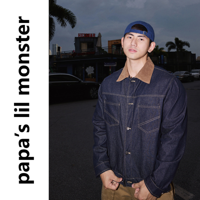 PAPASLILMONSTER 美式复古工装风秋季翻领明线撞色牛仔夹克外套男