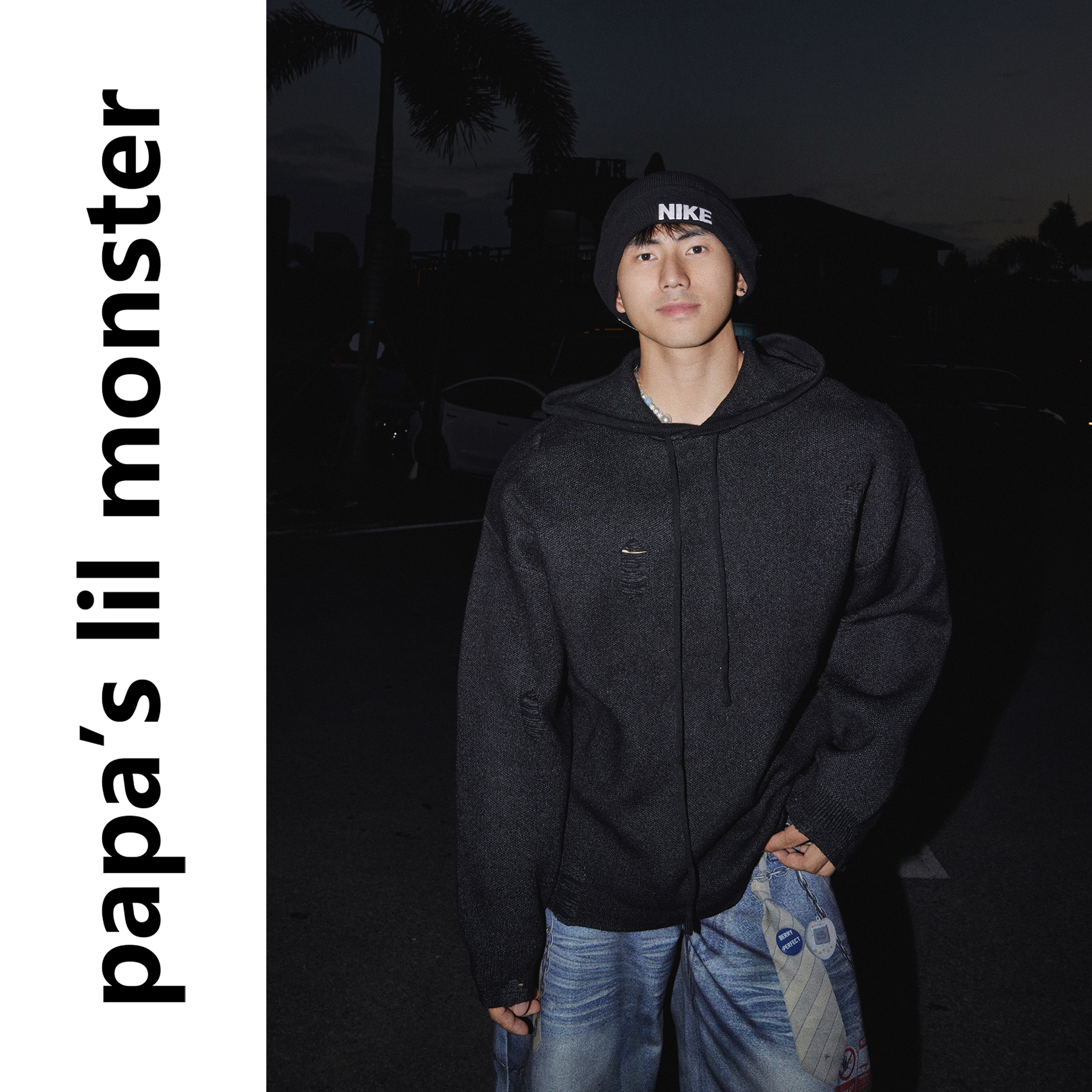 PAPASLILMONSTER【随性街头】美式复古连帽针织衫宽松做旧毛衣