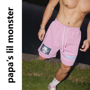 PAPASLILMONSTER【原创】美式字母印花休闲短裤男宽松抽绳五分裤