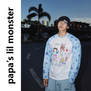满印星星插肩长袖 Papaslilmonster 秋季 美式 宽松T恤男 卡通少女