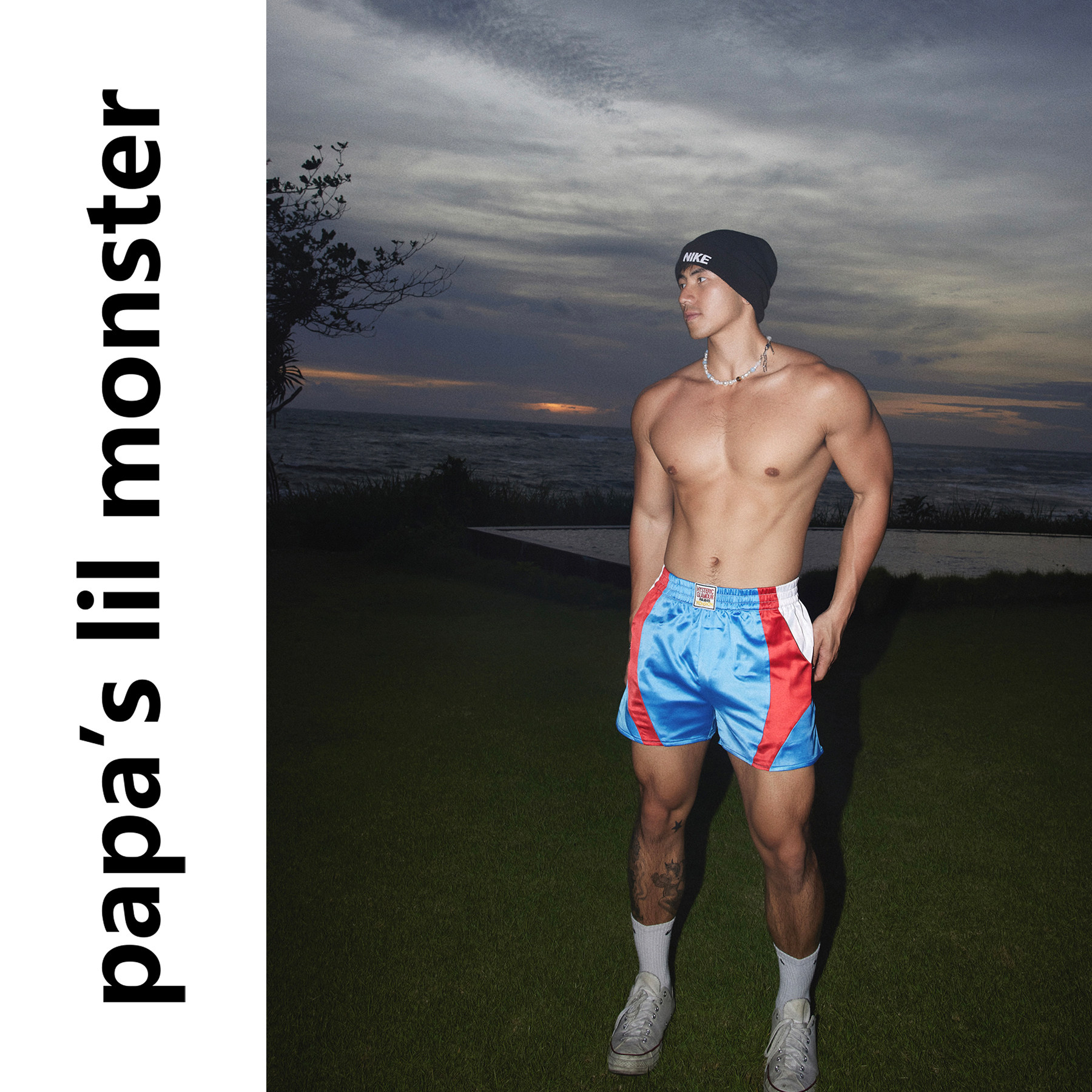 PAPASLILMONSTER 【原创】美式复古撞色缎面短裤男宽松休闲裤子