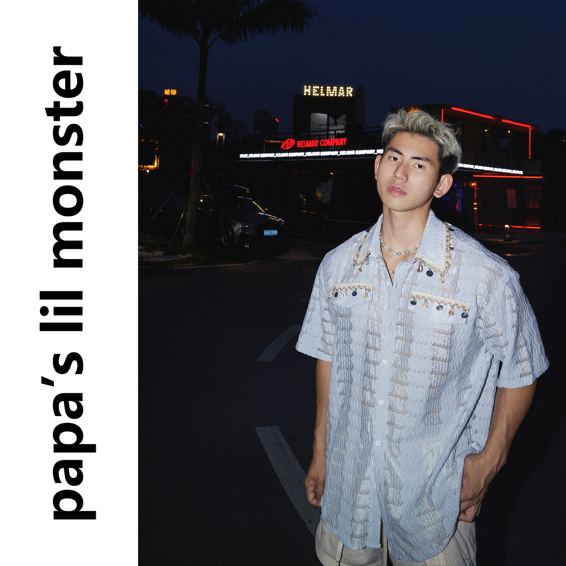 海贝亮片装饰 美式休闲曲线镂空短袖衬衫男 夏季休闲海岛风衬衣潮