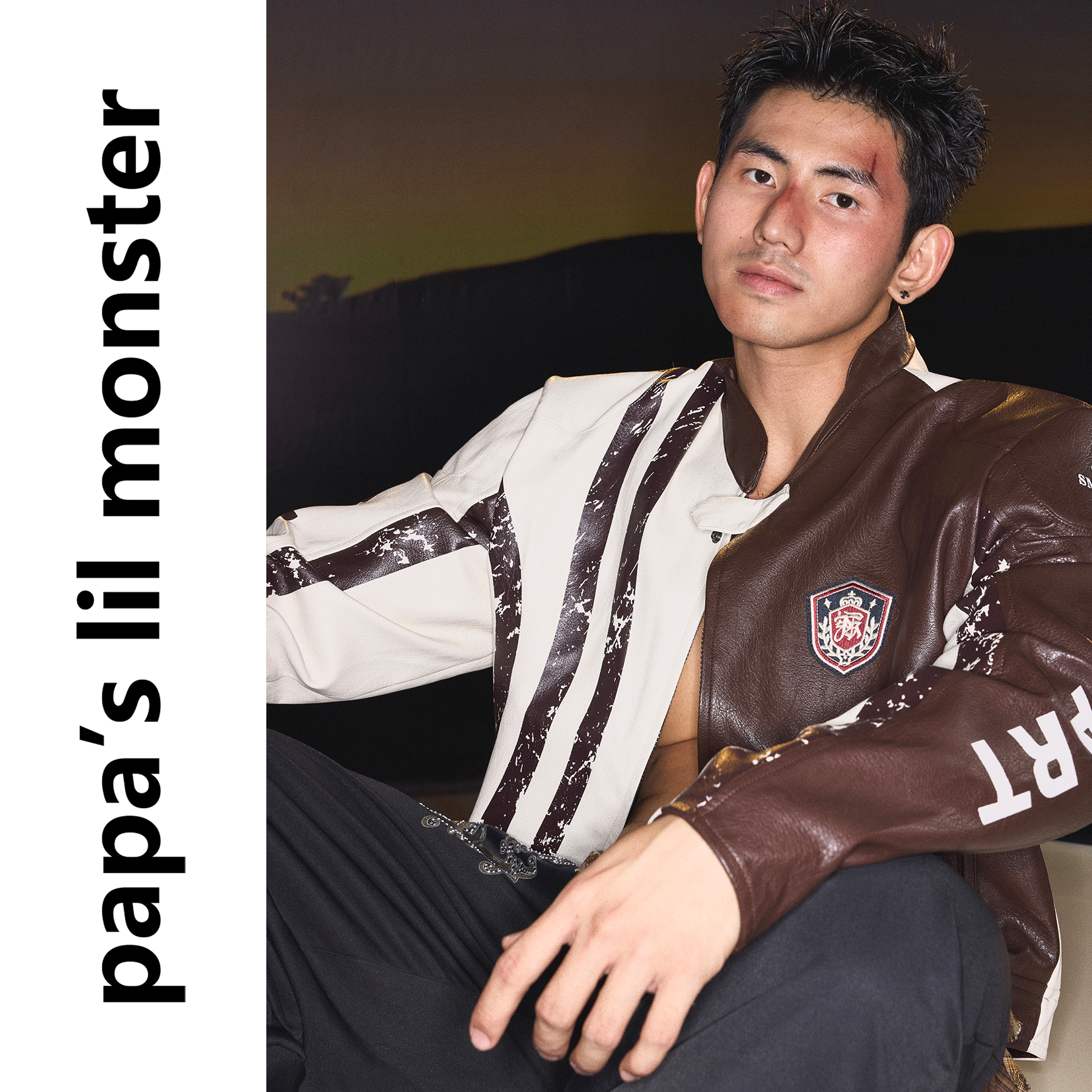 PAPASLILMONSTER【西部美拉德】美式做旧拼接感机车皮衣垫肩外套