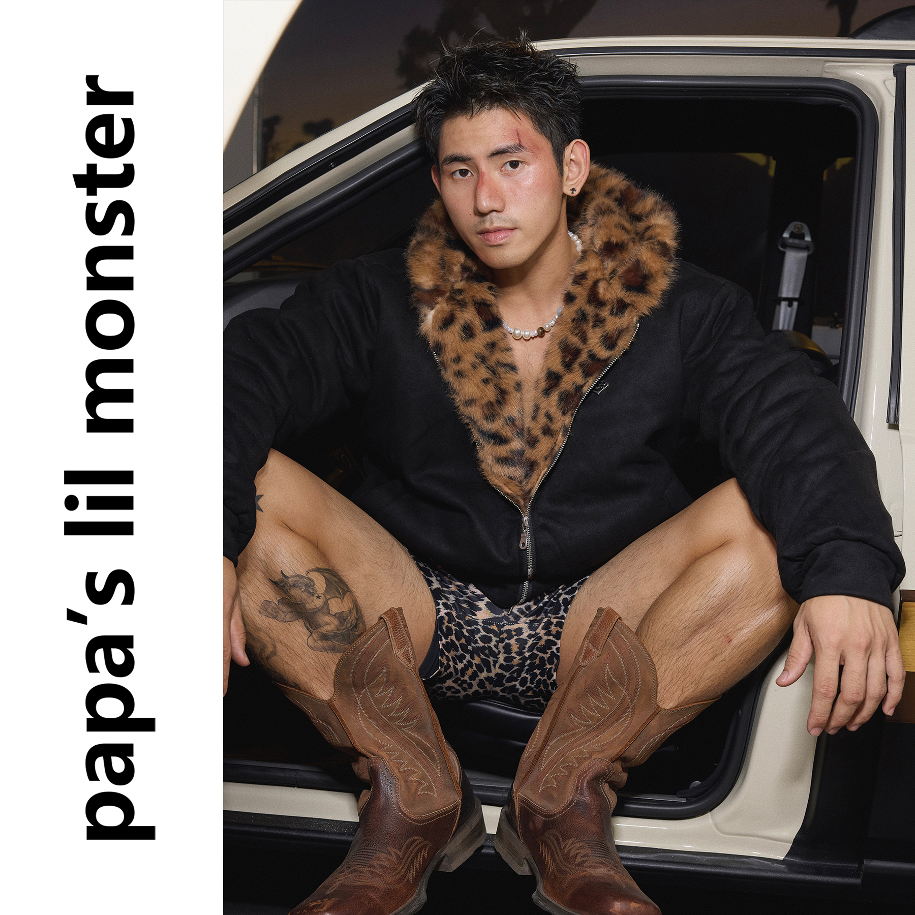 PAPASLILMONSTER【狂野豹纹】冬季毛领加厚连帽座山雕棉服外套男