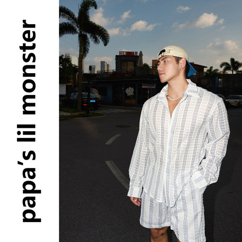 PAPASLILMONSTER 美式休闲度假风条纹镂空设计长袖衬衫短裤套装男
