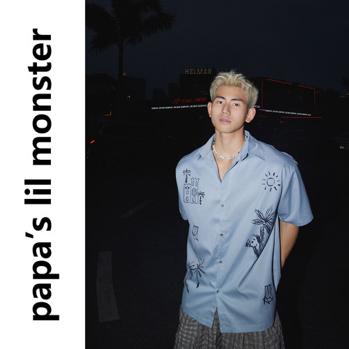 PAPASLILMONSTER美式复古夏季垂感慵懒风涂鸦印花短袖宽松衬衫男