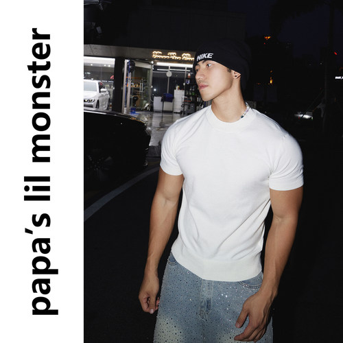 Papaslilmonster【基础搭配】美式简约纯色圆领修身短袖T恤男