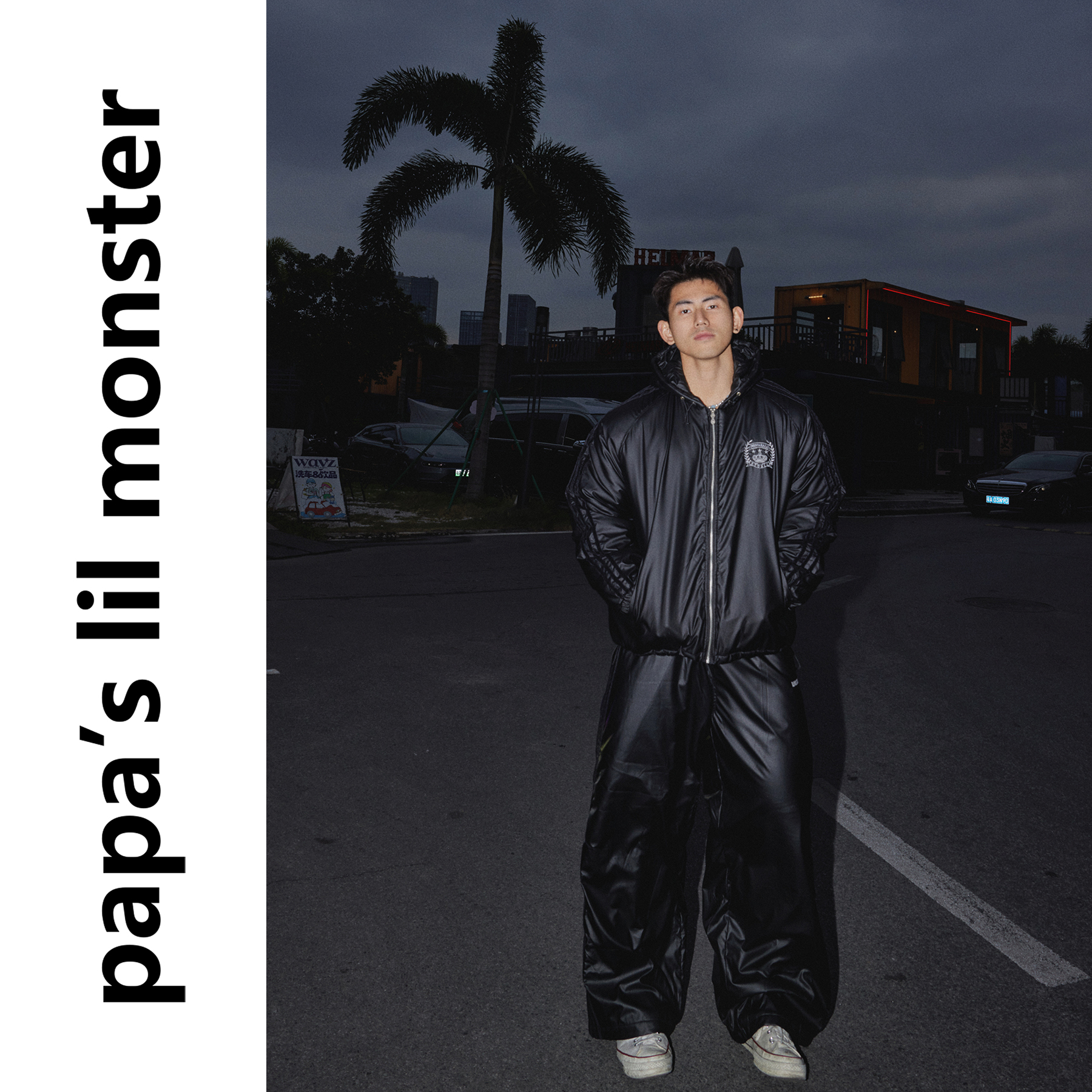 PAPASLILMONSTER【街头痞帅】美式机车皮衣连帽外套直筒裤子套装