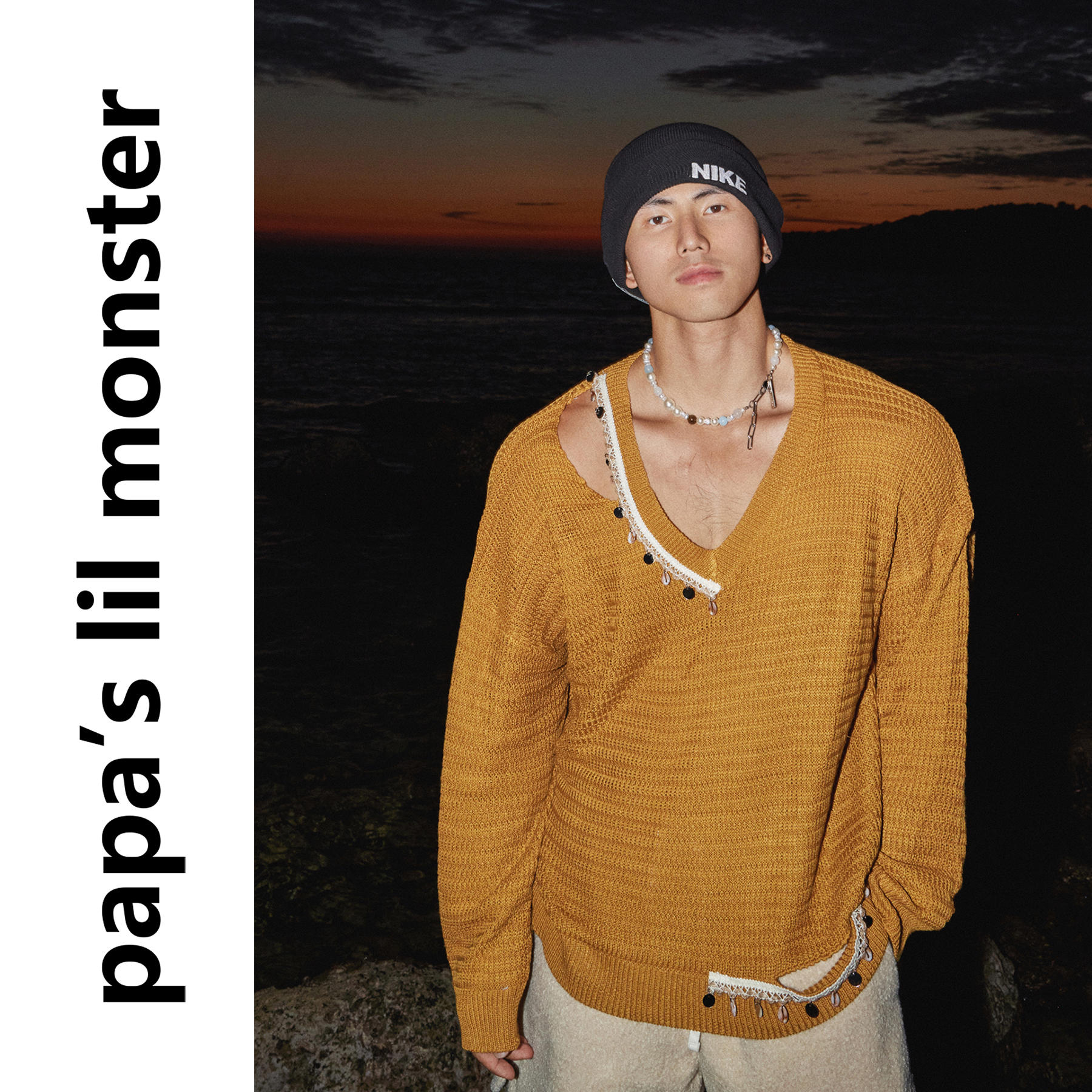 PAPASLILMONSTER【原创】美式贝壳亮片休闲宽松V领针织衫毛衣男