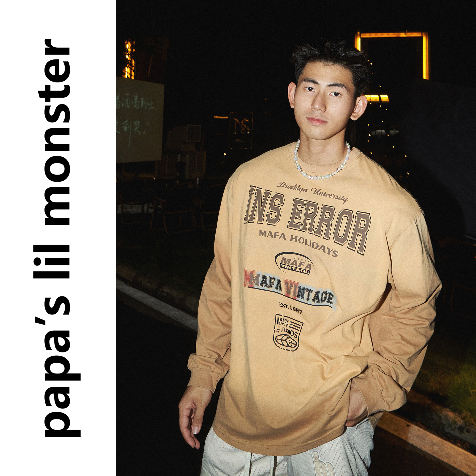 PAPASLILMONSTER秋季美式复古风T恤男 做旧渐变设计宽松休闲衫女