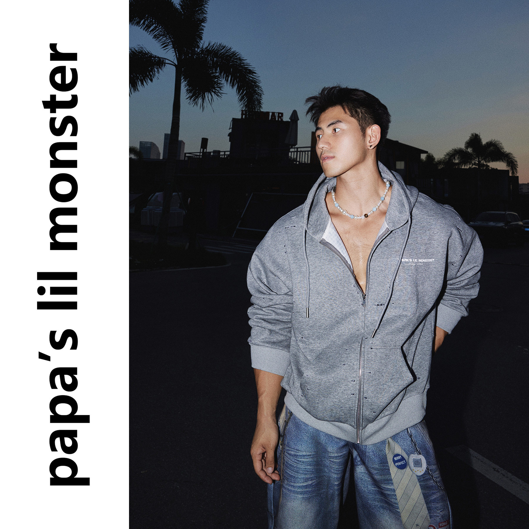 PAPASLILMONSTER【原创】美式假破洞设计休闲拉链连帽开衫卫衣男