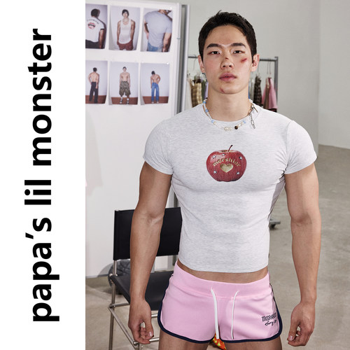 PAPASLILMONSTER 【苹果甜心】美式甜酷风红苹果修身短款T恤短袖