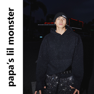 PAPASLILMONSTER【原创】美式宽松休闲连帽毛衣男银丝闪光卫衣