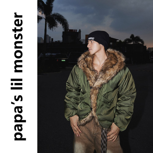 PAPASLILMONSTER 美式复古大毛连帽保暖加厚座山雕棉衣外套女