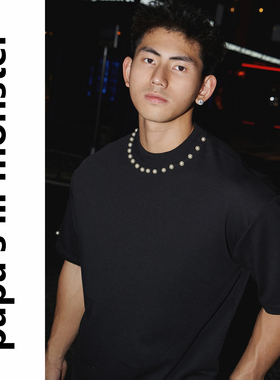 lil monster休闲男士T恤夏季圆领纯色珍珠柳钉小众设计感上衣