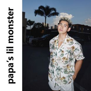 椰树沙滩 美式复古休闲花卉印花短袖衬衫男 夏季休闲度假风衬衣潮