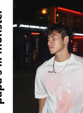 lil monster新款短袖T恤男圆领宽松字母抽象美式情侣半袖上衣