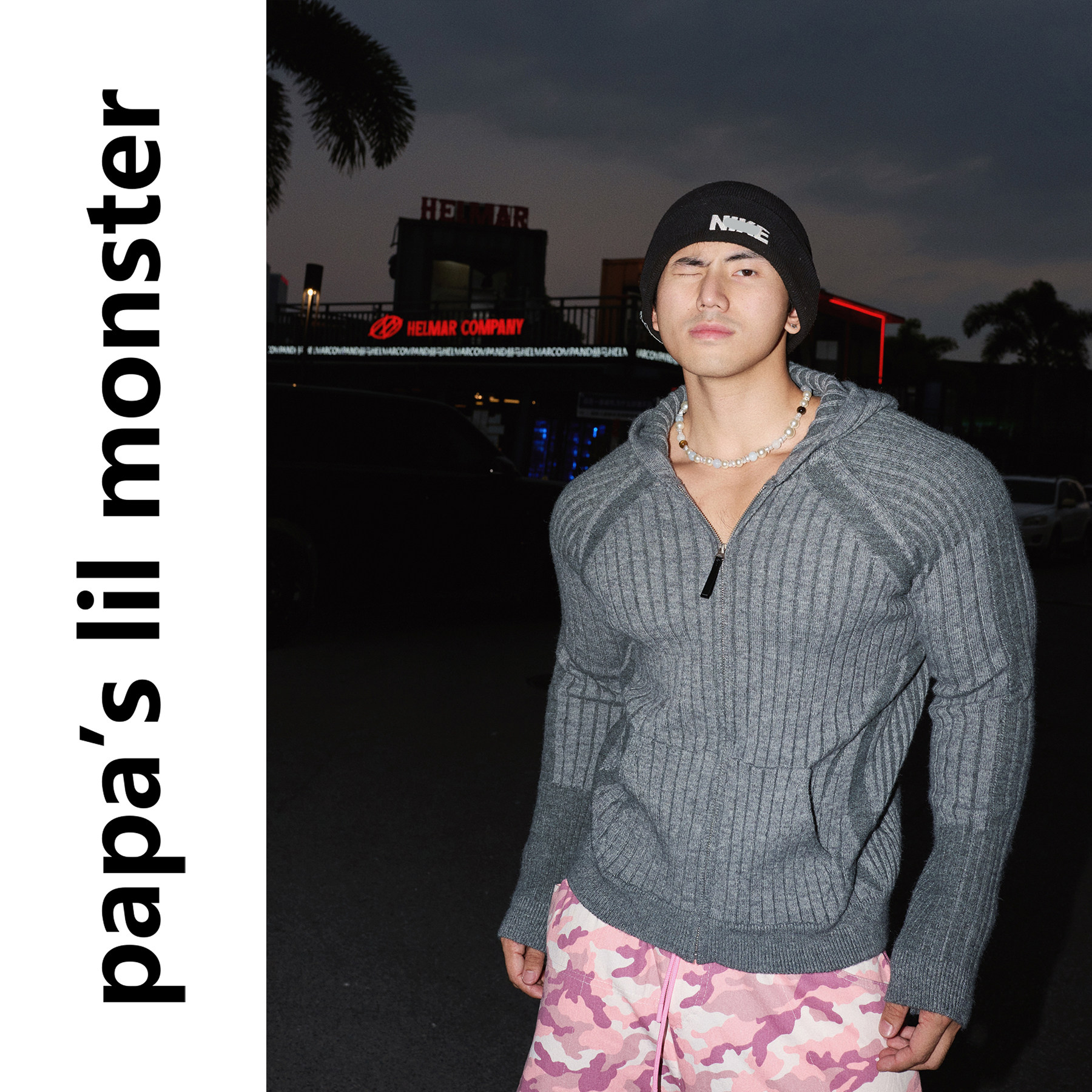 PAPASLILMONSTER 美式复古坑条连帽毛衣 修身塑型薄款针织外套男