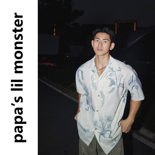 PAPASLILMONSTER美式复古新中式短袖衬衫显瘦花卉印花宽松上衣