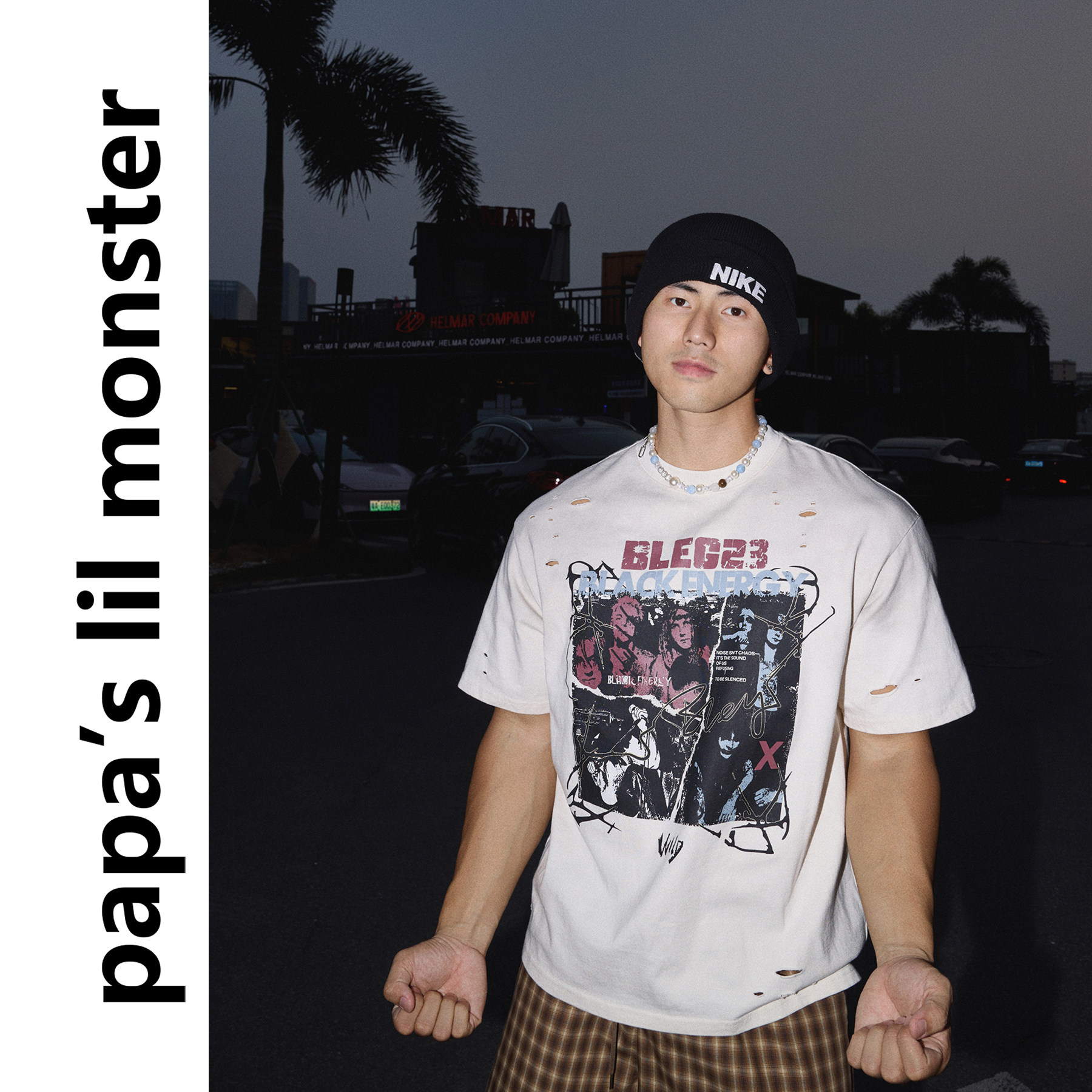 PAPASLILMONSTER 【潮流街头】美式复古做旧破洞字母短袖T恤男