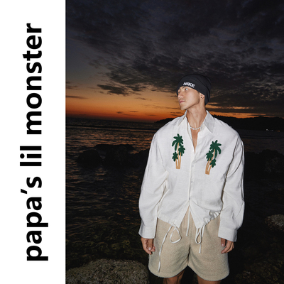 PAPASLILMONSTER【原创】小岛度假 毛巾绣椰树调节绑带长袖衬衫男