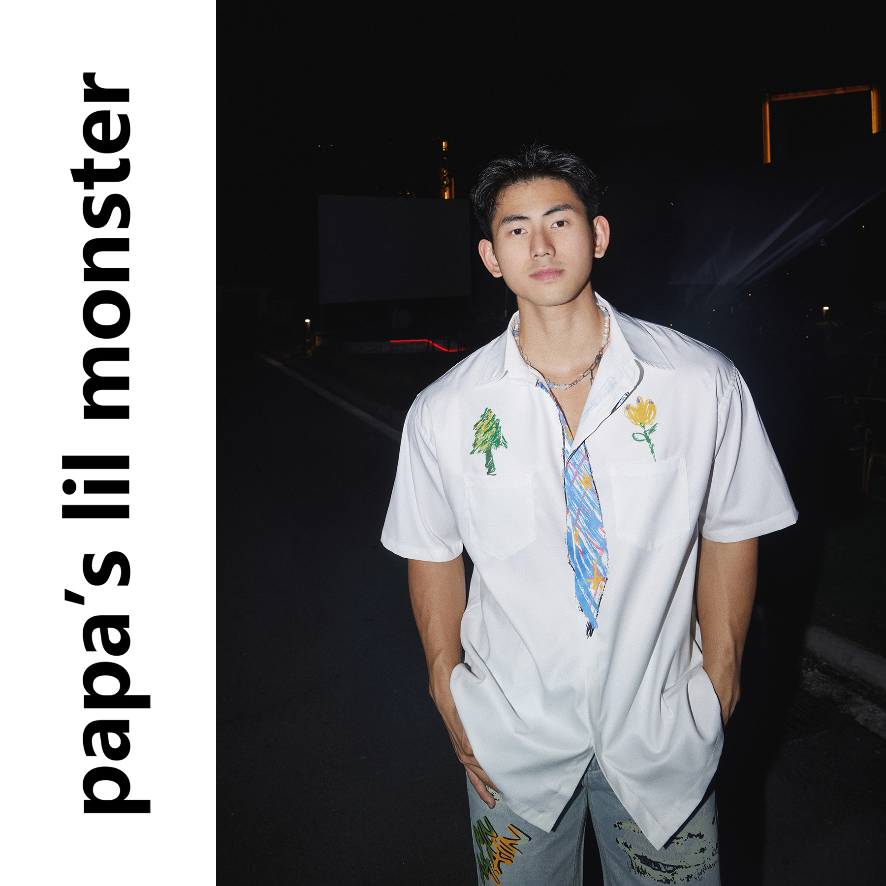 PAPASLILMONSTER美式手绘涂鸦白色短袖衬衫男学院风设计感衬衣