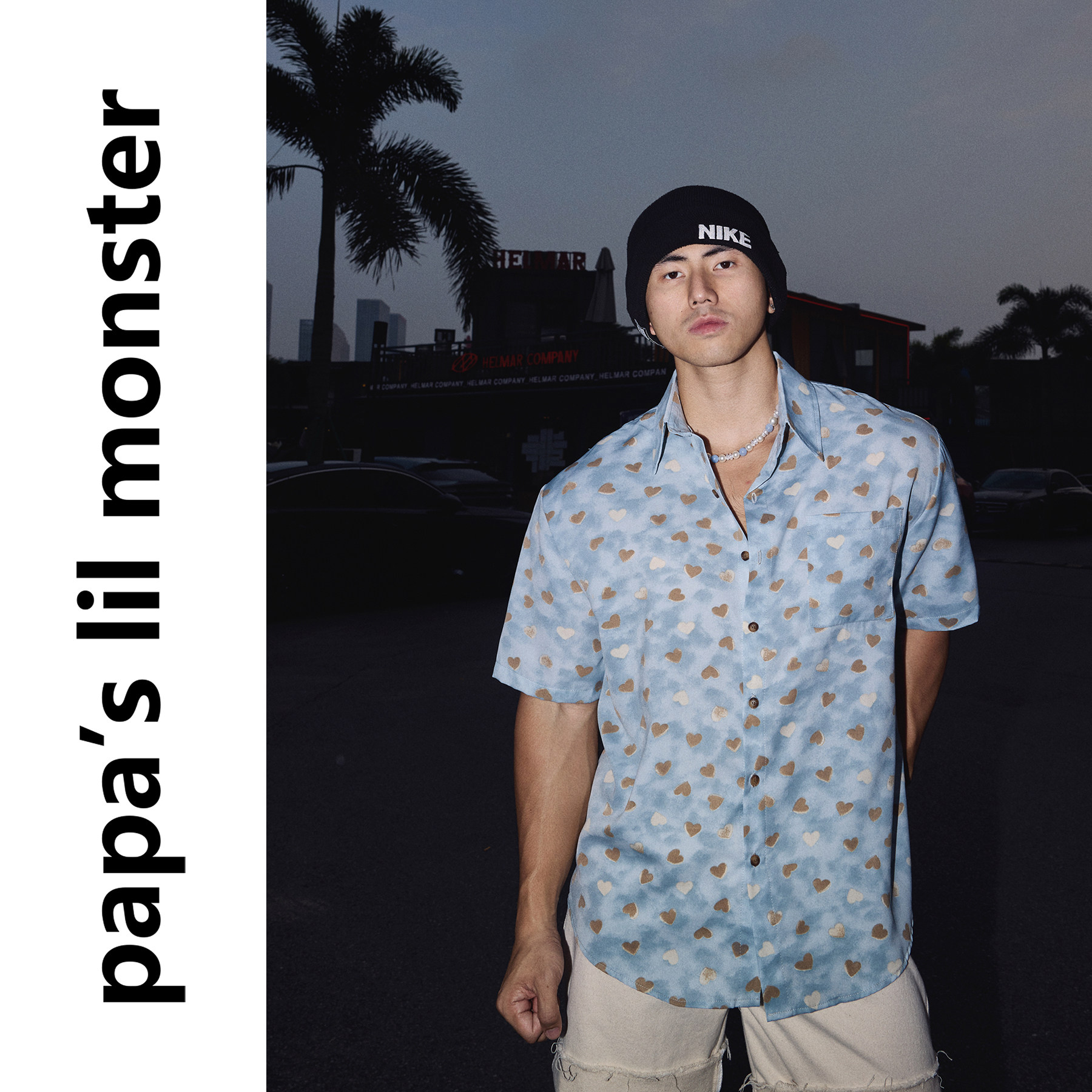 PAPASLILMONSTER 【雾蓝心痕】美式休闲风爱心元素软糯短袖衬衫男