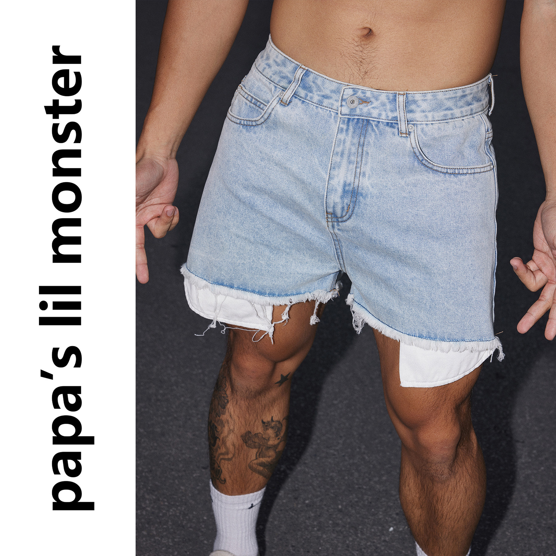 PAPASLILMONSTER【原创】美式手工破坏毛边流苏大口袋牛仔短裤男