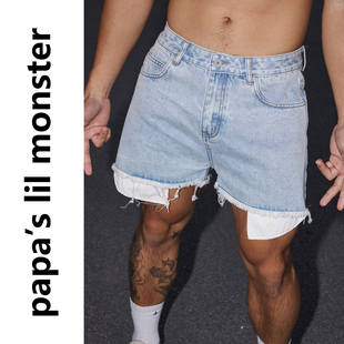 PAPASLILMONSTER【原创】美式手工破坏毛边流苏大口袋牛仔短裤男