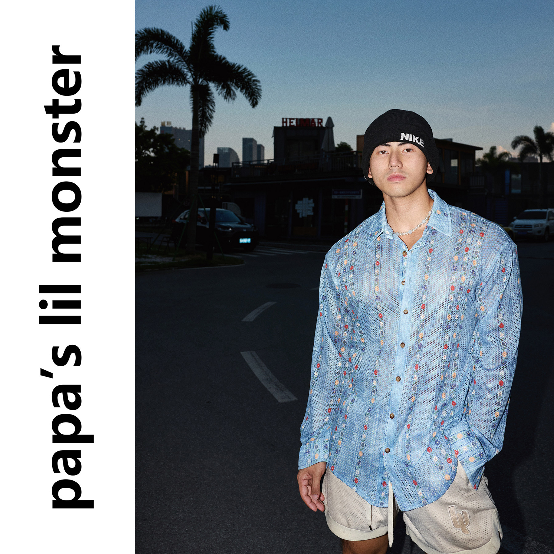PAPASLILMONSTER 海岛度假风小花设计 休闲蓝色百搭长袖衬衫男
