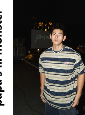 lil monster夏季美式洛杉矶街头风条纹做旧炒雪花宽松休闲T恤男