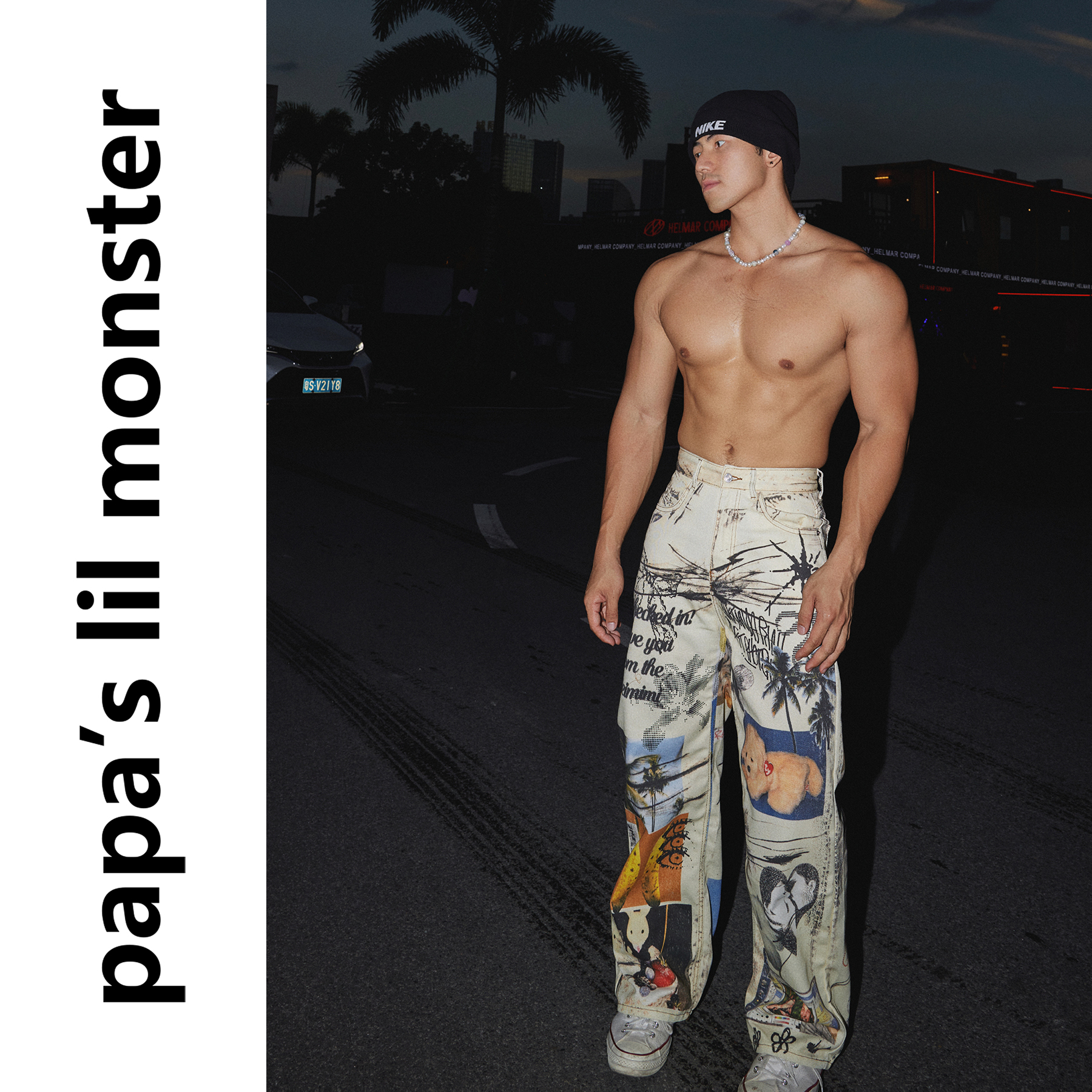 PAPASLILMONSTER【趣味创意】美式涂鸦海景印花阔腿牛仔休闲裤男