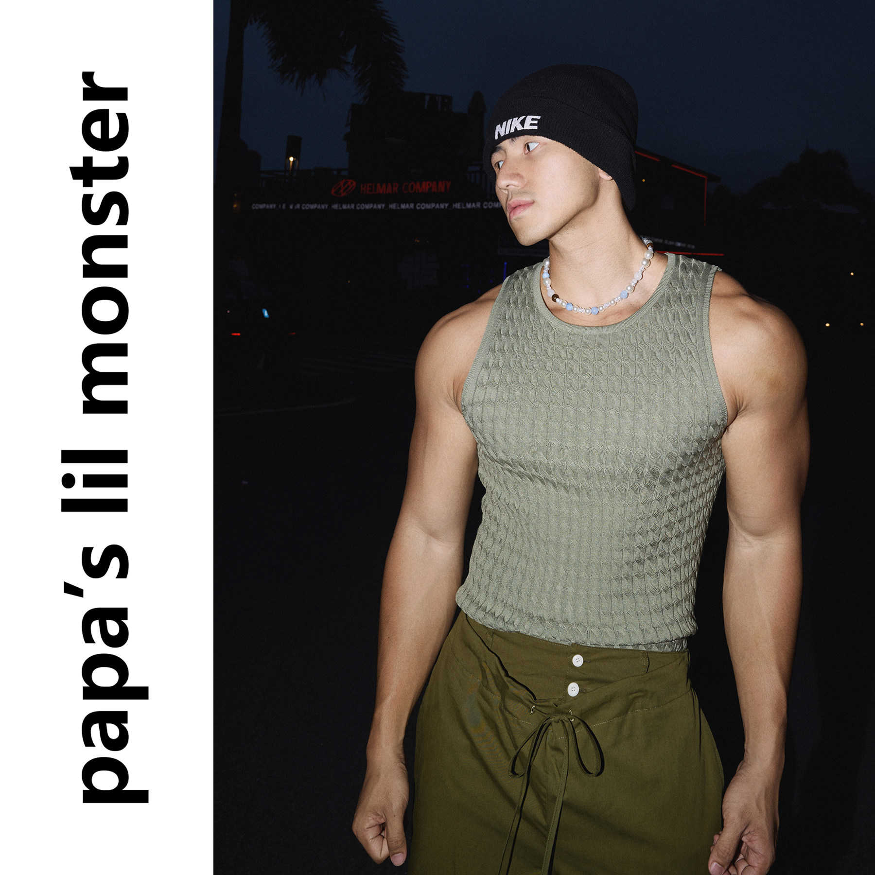 PAPASLILMONSTER 【山野沉绿】美式立体格纹微弹哑光军绿修身背心