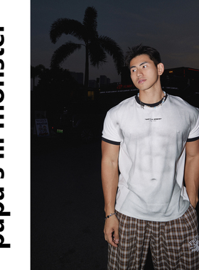 PAPASLILMONSTER【原创】26SS美式复古短袖T恤男肌肉印花休闲上衣