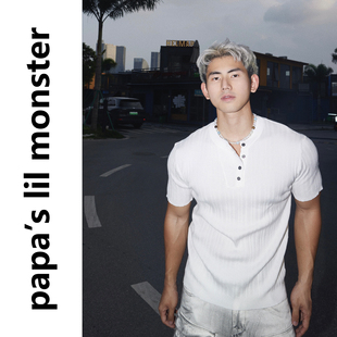 老钱风 儒雅白 美式肌理条纹亨利领短袖T恤男 夏季宽松百搭上衣