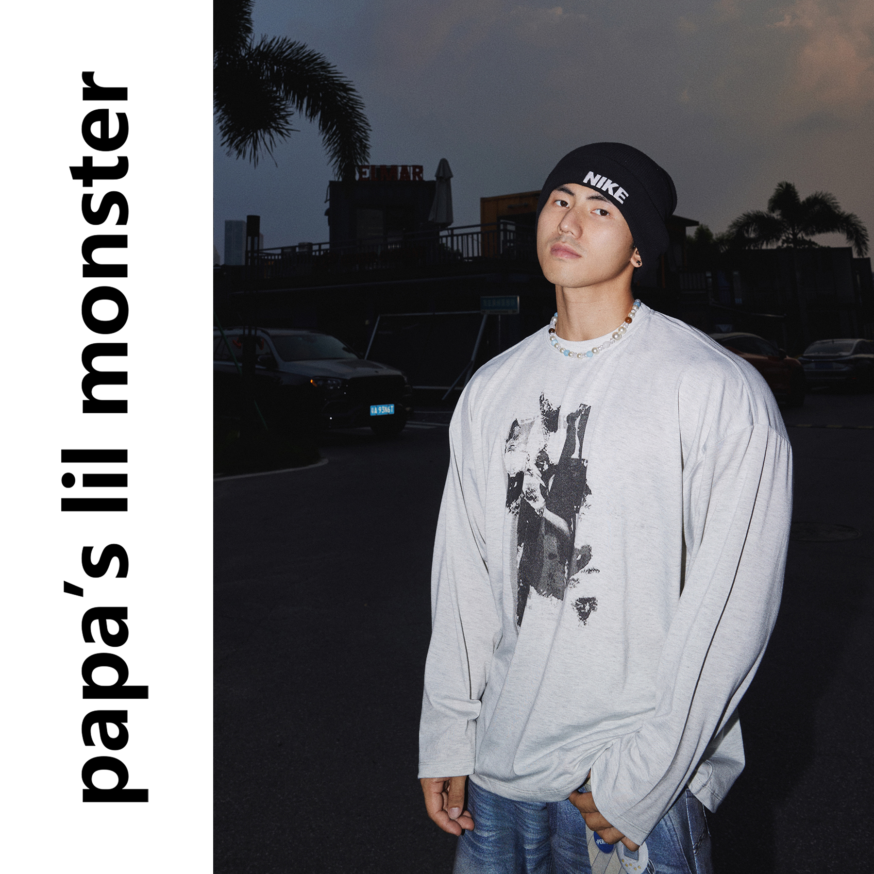 PAPASLILMONSTER【街头艺涂】美式复古做旧艺术印花百搭长袖T恤