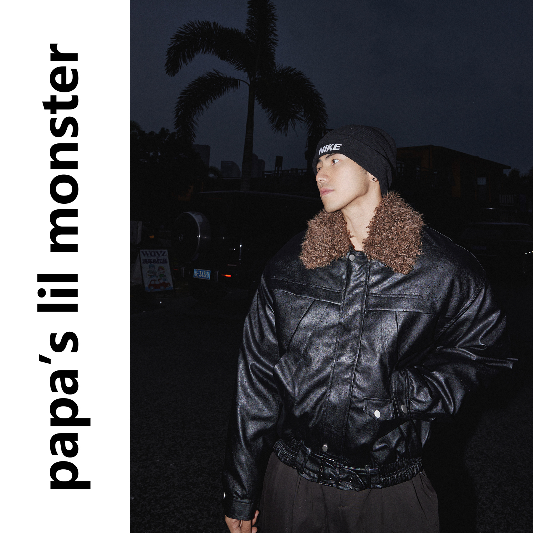 PAPASLILMONSTER 美式复古高级感毛领PU皮夹克厚款棉服外套男女