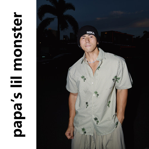 PAPASLILMONSTER【浅绿椰格】美式度假风细格椰树刺绣短袖衬衫男