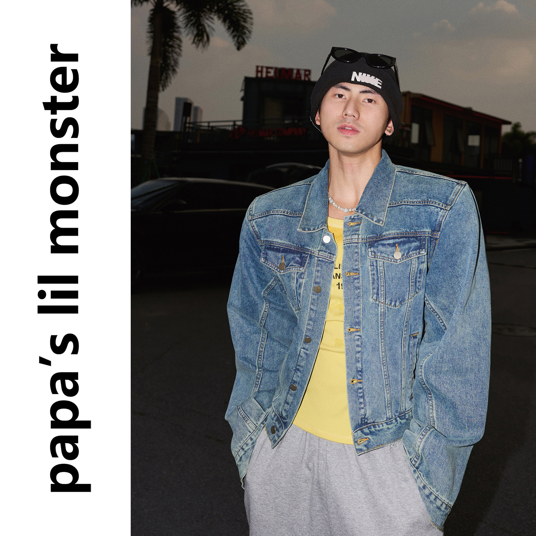 PAPASLILMONSTER立肩廓形 美式复古水洗多口袋短款垫肩牛仔夹克男