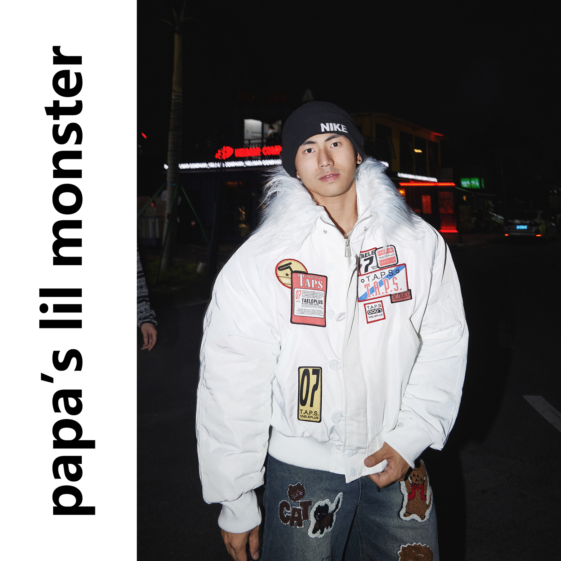 PAPASLILMONSTER 美式复古补绣标签毛领连帽厚款棉衣外套男女