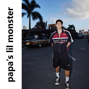 PAPASLILMONSTER【黑红竞速】美式复古拼色短袖外套短裤套装男