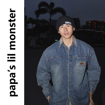 Papaslilmonster【刺绣腊肠狗】早秋牛仔长袖衬衫男 宽松翻领外套