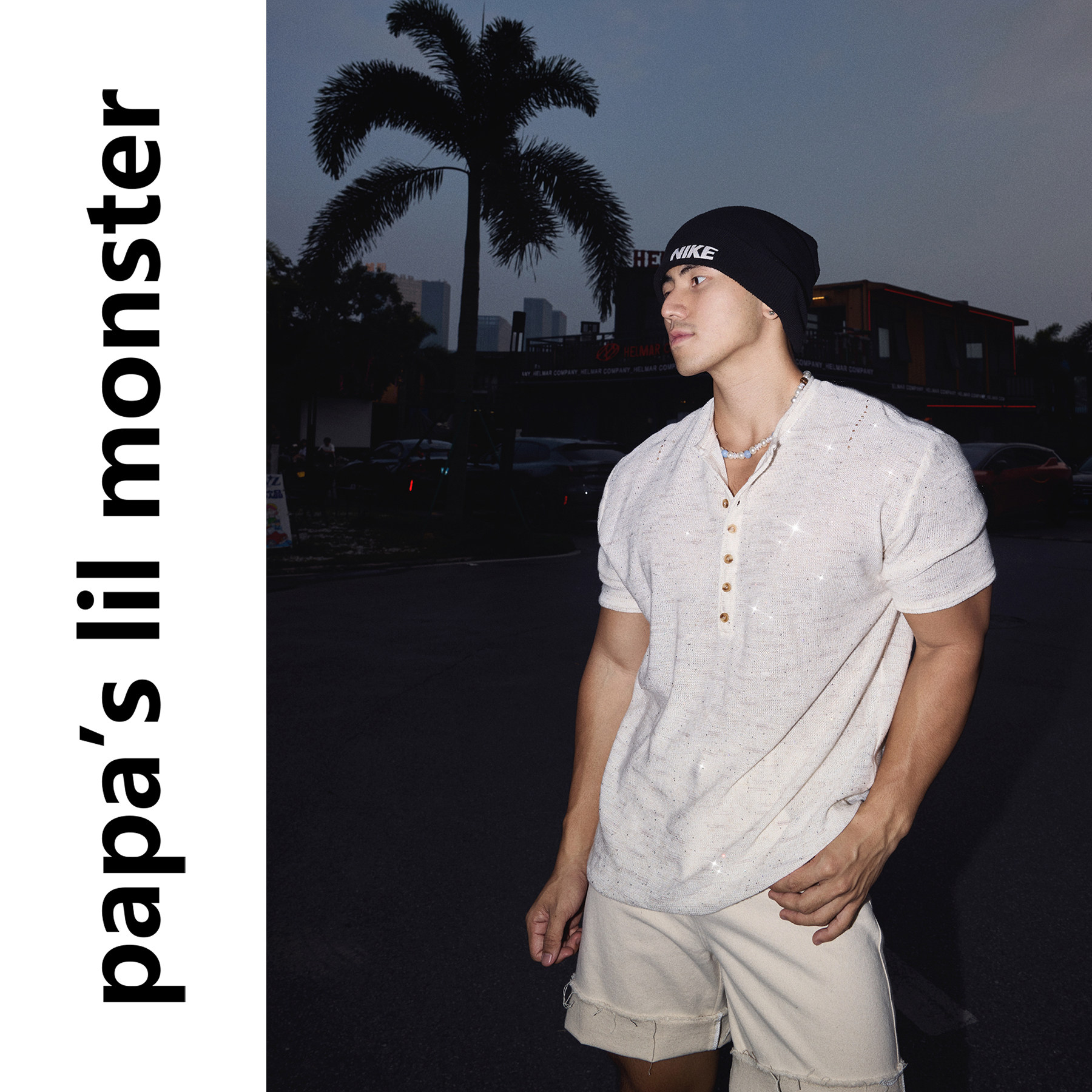 PAPASLILMONSTER 【银沙织梦】美式休闲风亮片亨利领针织T恤短袖