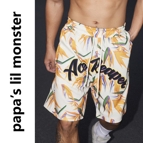 夏威夷度假 美式复古字母印花休闲短裤男 夏季街头宽松百搭五分裤