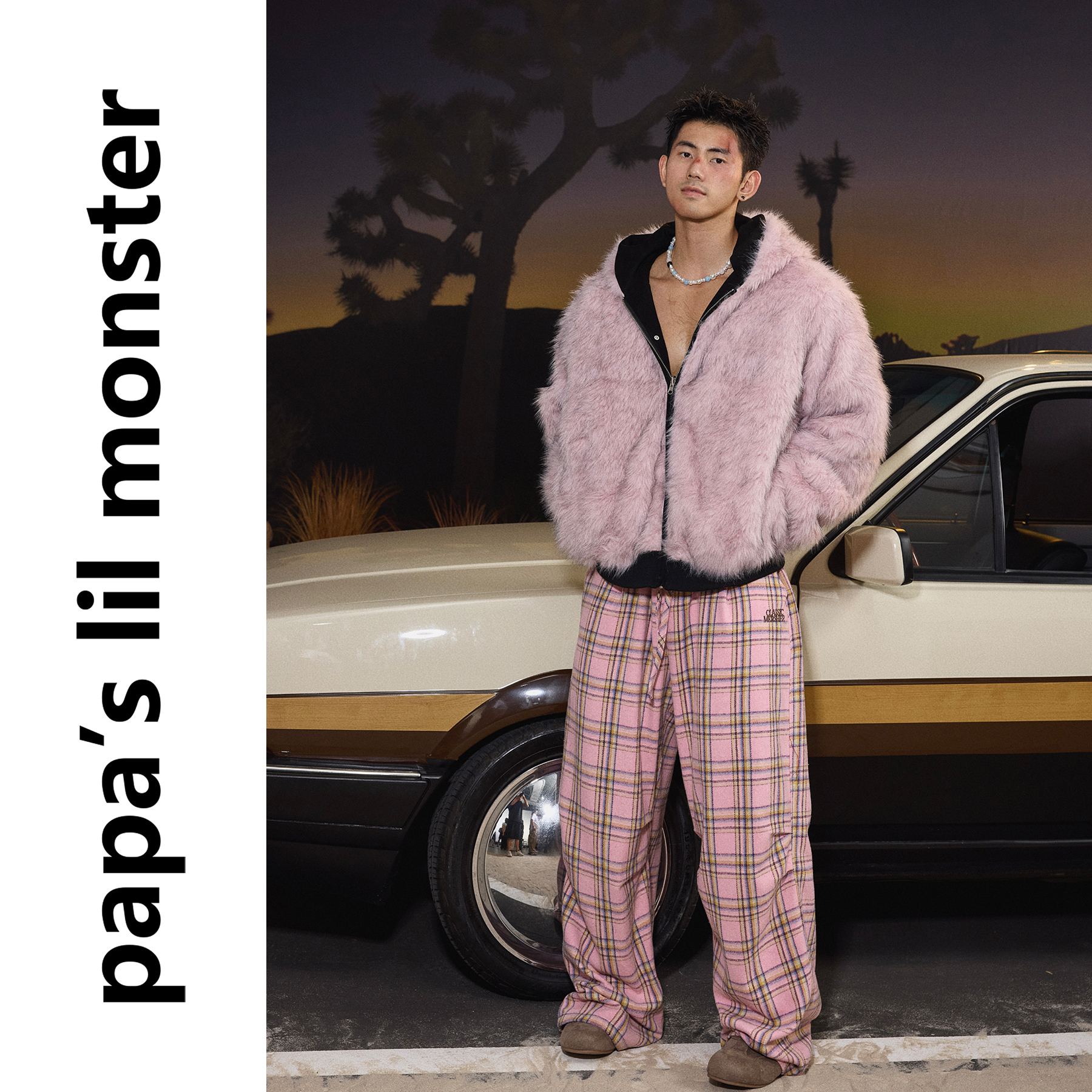 PAPASLILMONSTER【粉色记忆】冬季双面穿加厚座山雕棉服外套男