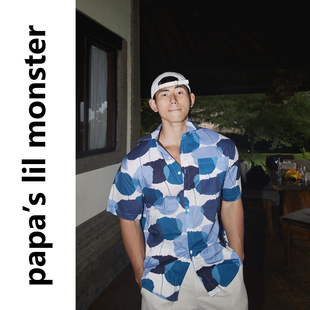 PAPASLILMONSTER【夏韵蓝生】美式度假风短袖衬衫印花宽松衬衣男