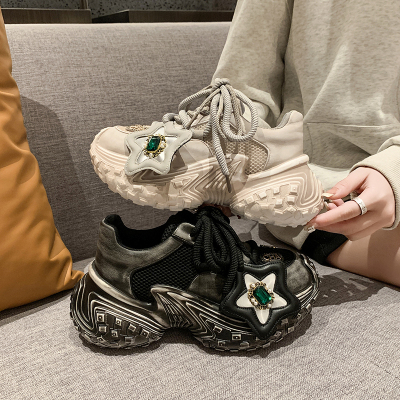 巴黎轮胎真皮网纱老爹鞋女2024春新款纯色增高厚底系带运动休闲鞋