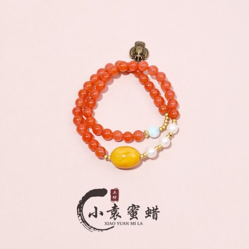 【小袁优荐】天然原矿南红双圈冰红圆珠7mm+DIY蜜蜡枣珠13mm手串