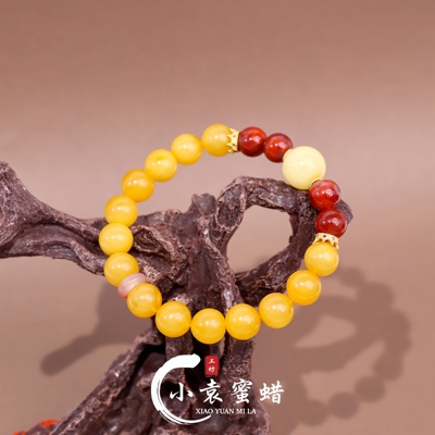 【小袁优荐】天然琥珀蜜蜡单圈DIY设计胶皮料10mm+白蜡圆珠手串