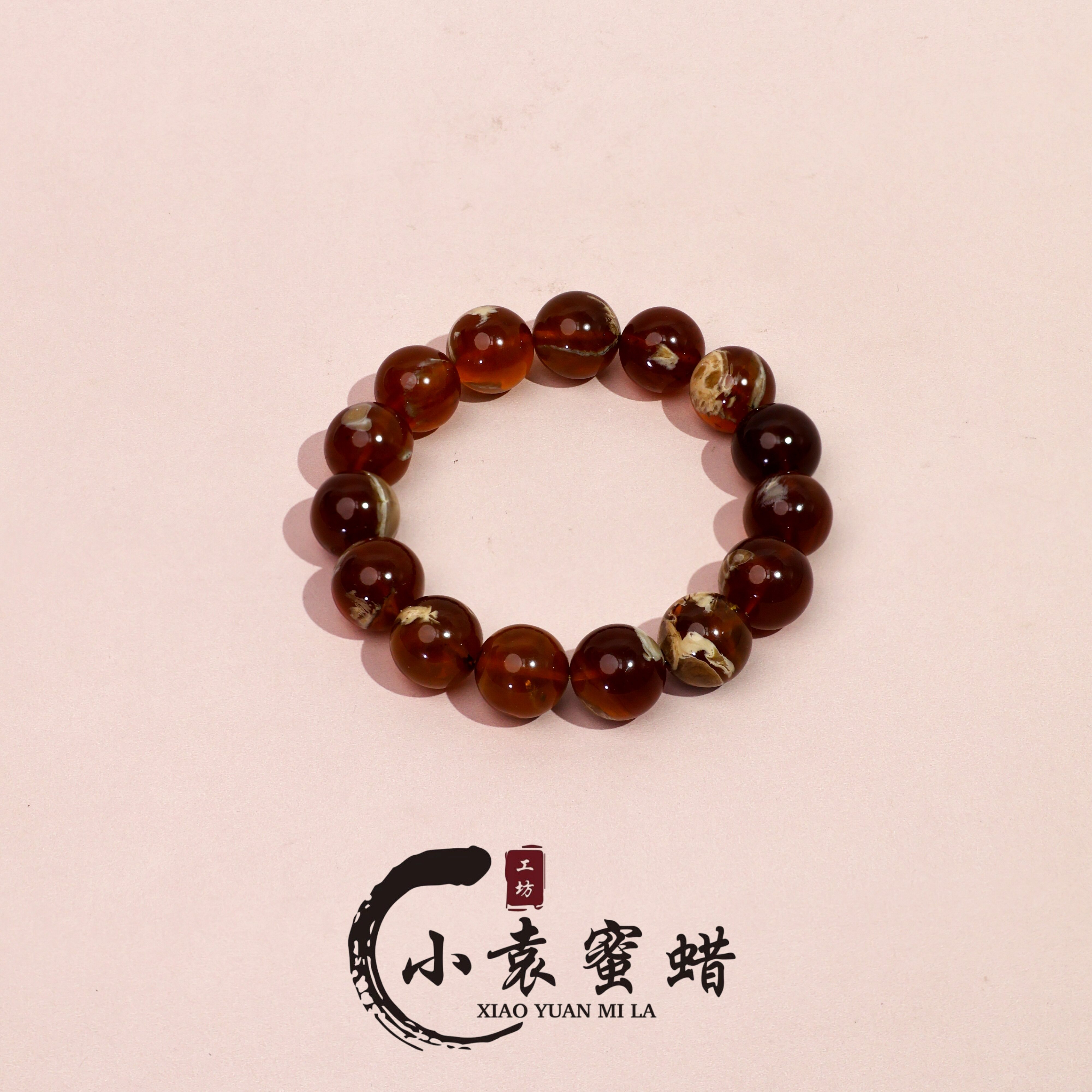 【一物一拍】天然琥珀蜜蜡单圈棕黄溶洞妖花圆珠根珀手串15mm+
